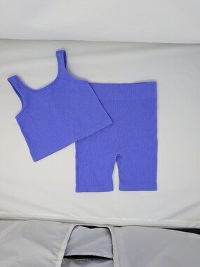 Girls Purple Ribbed Matching Set Tank + Biker Shorts Size M 7-8